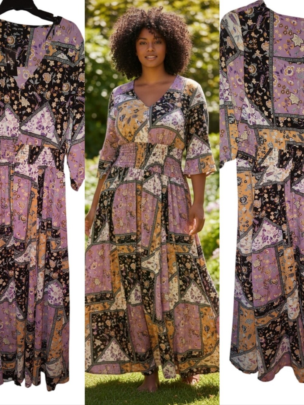 City Chic Trendy Plus Size Chiffon Long dress-  Baroque Patchwork 18W
